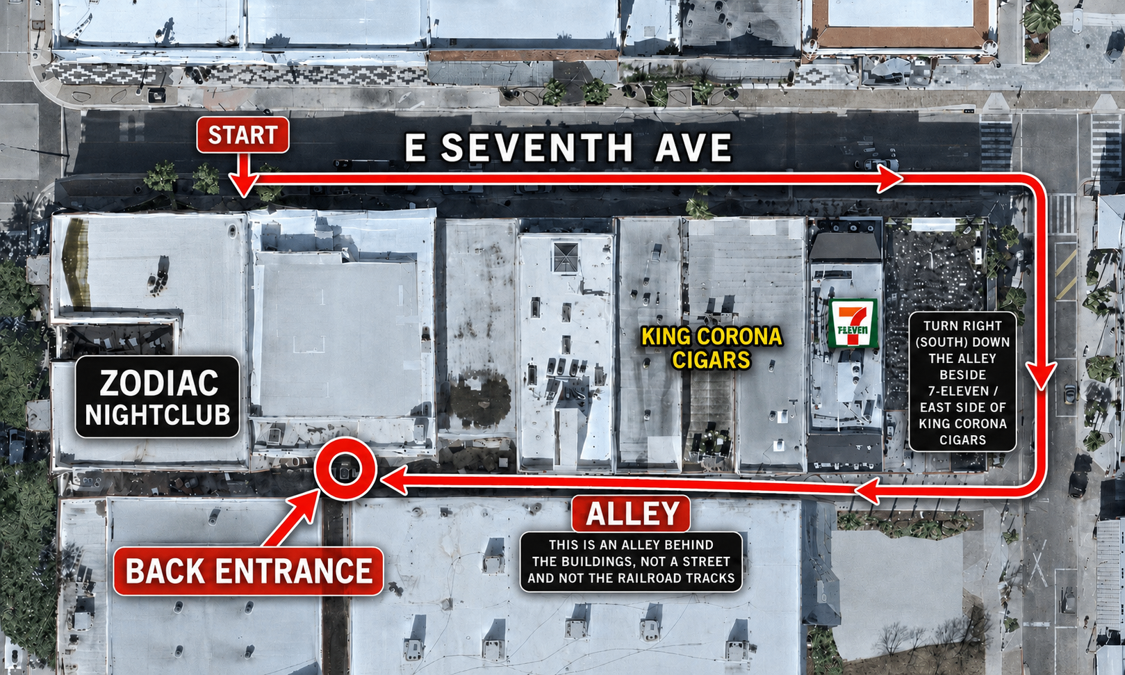 Aerial map showing the walking route to the Zodiac back entrance: start on E Seventh Ave, turn right down the alley beside 7-Eleven and King Corona Cigars, and follow the alley to the back entrance.